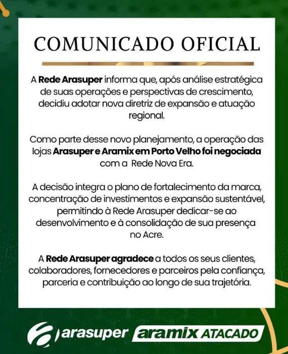 Rede Arasuper negocia operação em Porto Velho com a Rede Nova Era