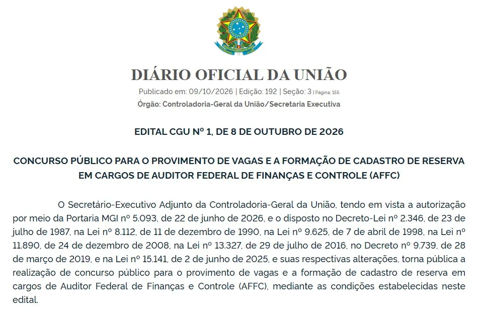 CGU abre concurso com 60 vagas e salário inicial de R$ 20 mil; RO tem duas vagas