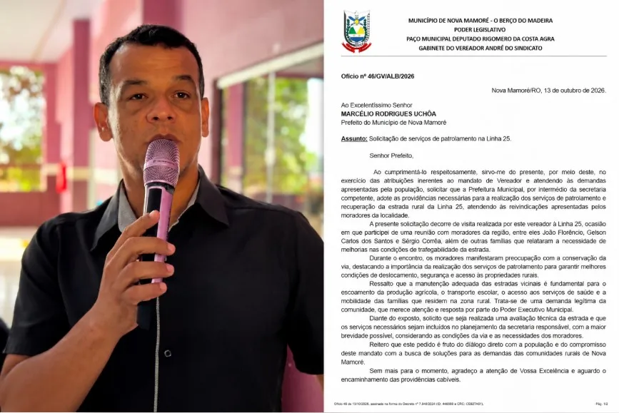 Vereador André do Sindicato solicita patrolamento e recuperação da Linha 25 em Nova Mamoré