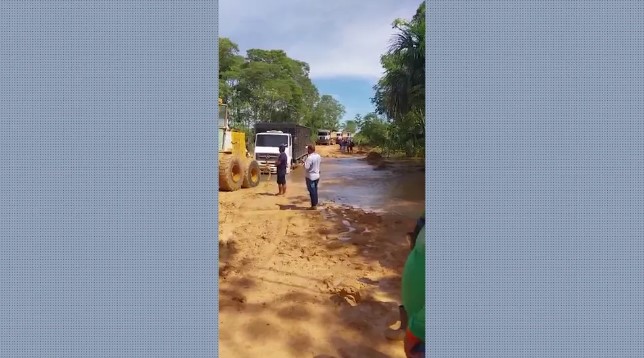 Caminhão boiadeiro atolou em rodovia do distrito de Jacinópolis — Foto: Reprodução/Rede Amazônica